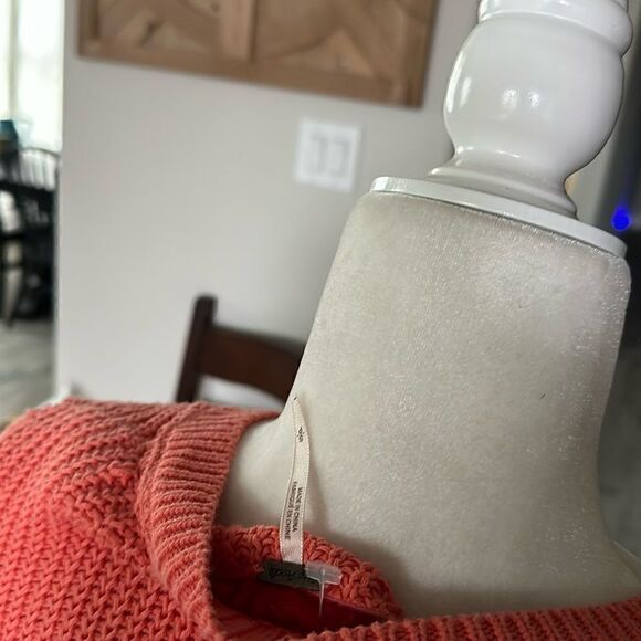 Free People Damsel Sweater Coral V Neck Bell Sleeves Cotton Ribbed Chunky Knit - Picture 10 of 12